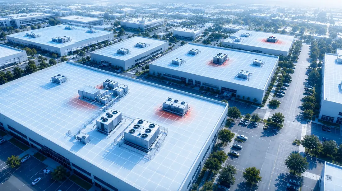 Aerial view of commercial rooftops, with HVAC units flagged by RoofIQ